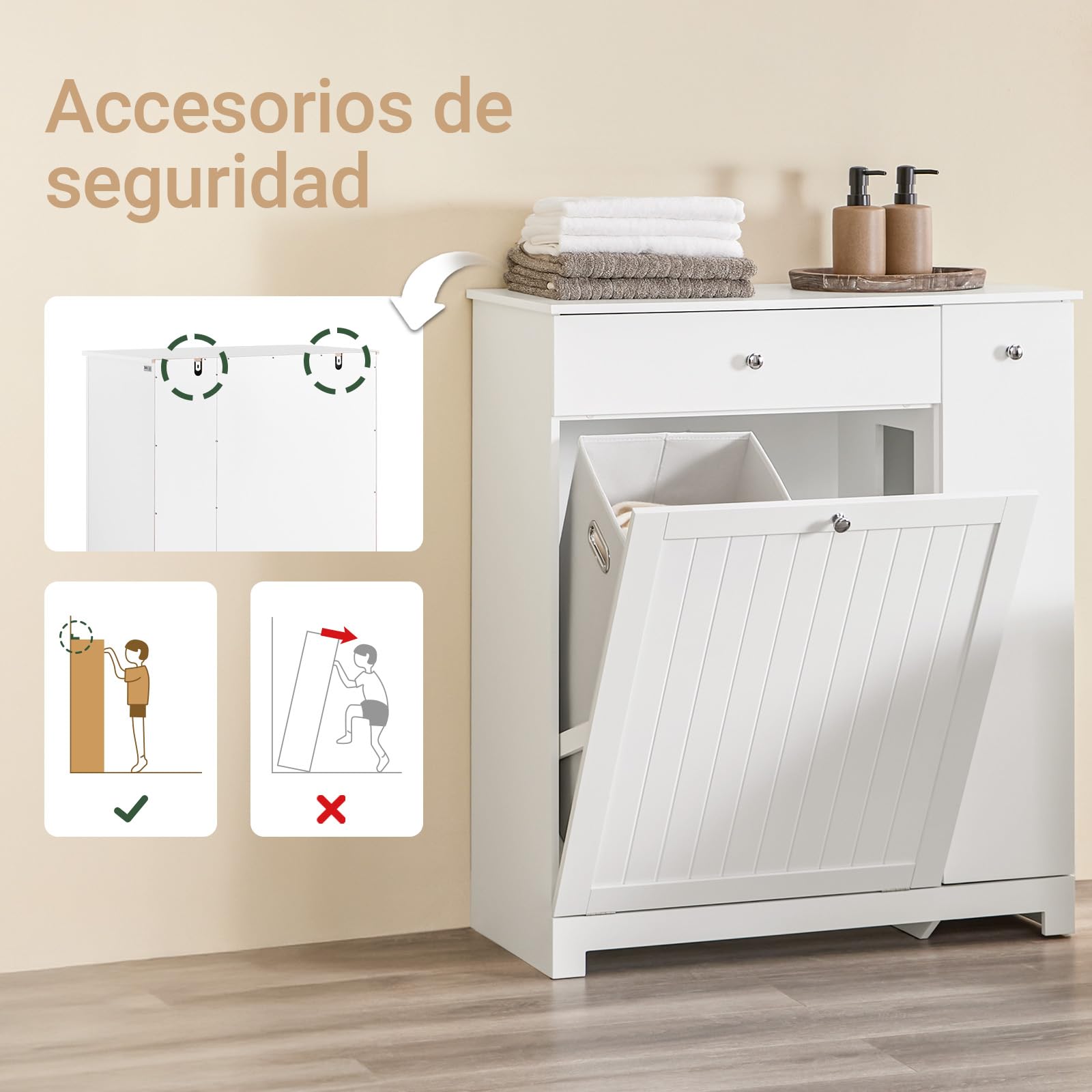 SoBuy Mueble Baño con Cesto para Ropa Sucia 78x38x90 cm, Lavandería y Baño | Armario Baño con Cajón, 2 Cestos Extraíbles y Compartimento Deslizante, Mueble Baño Auxiliar, Blanco BZR214-W