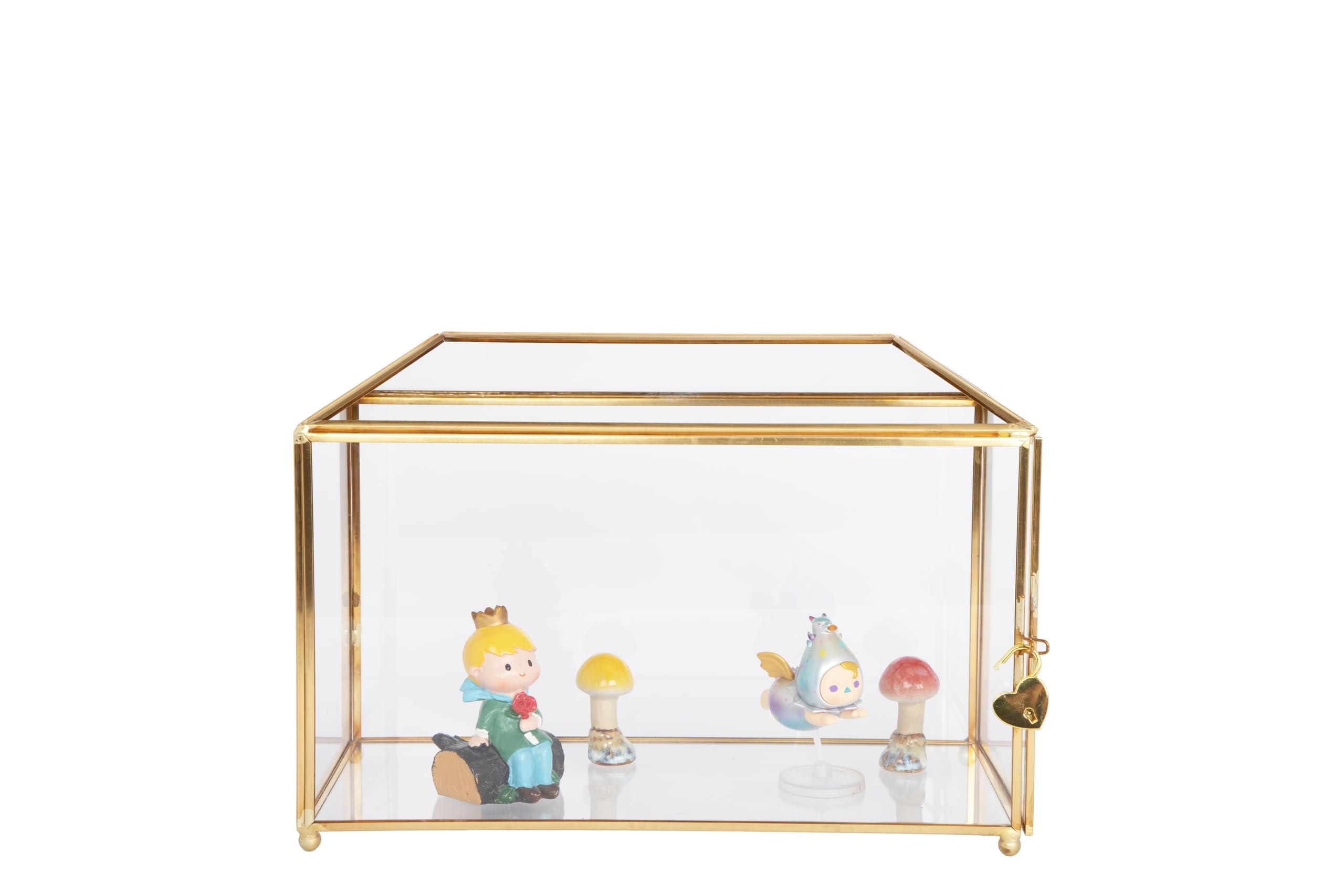 Caja de cristal dorado con tapa decorativa para joyas, caja de exhibición de latón transparente (dorado/techo, 10.3 pulgadas de largo x 5.9 pulgadas de ancho x 8.3 pulgadas de alto)