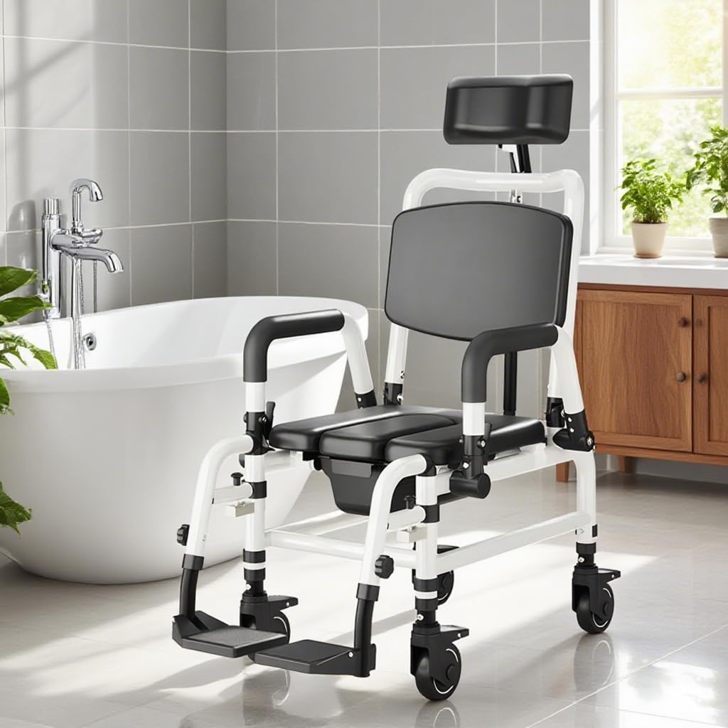 NJUN Silla de Ruedas para Baño y WC con Ruedas, Silla WC con Ruedas para Personas Mayores, Silla de Baño Reclinable con Respaldo Ajustable 140°, Reposacabezas Ajustable y Cubeta Extraíble