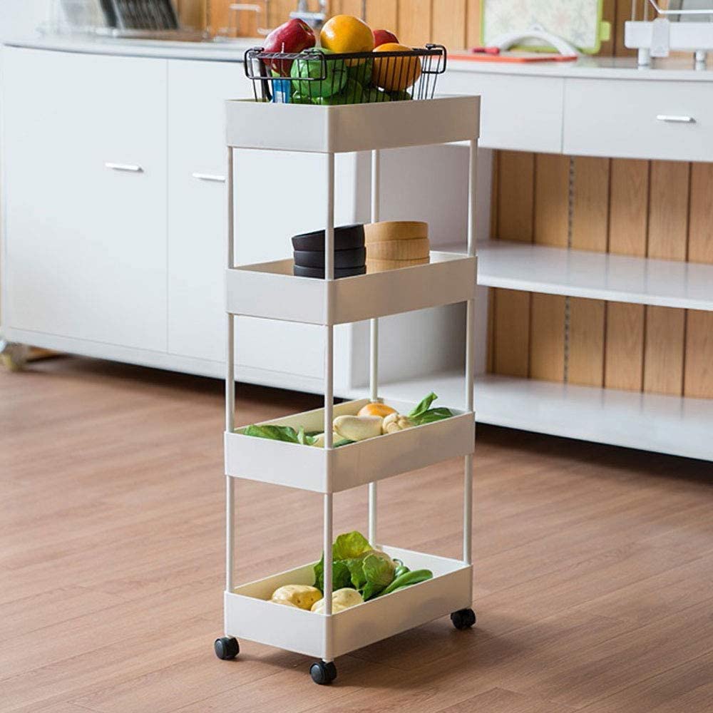JAKAGO Carrello Portaoggetti a 4 Livelli,Carrello Portaoggetti su Ruote Scaffale da Cucina con Tazza Appesa Carrellino Salvaspazio per Cucina Bagno Ufficio Biblioteca Salone-Bianco