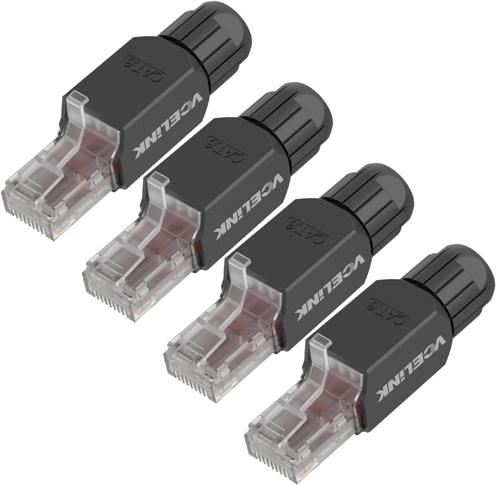 Cat6 Tool-Free RJ45 Connector, 1000 Mbps/250 MHz, Reusable UTP Gold-Plated Ethernet Plug for 23-26 AWG Network Cable, PoE Toolless Ethernet Modular Plug, Black, 4 Pack