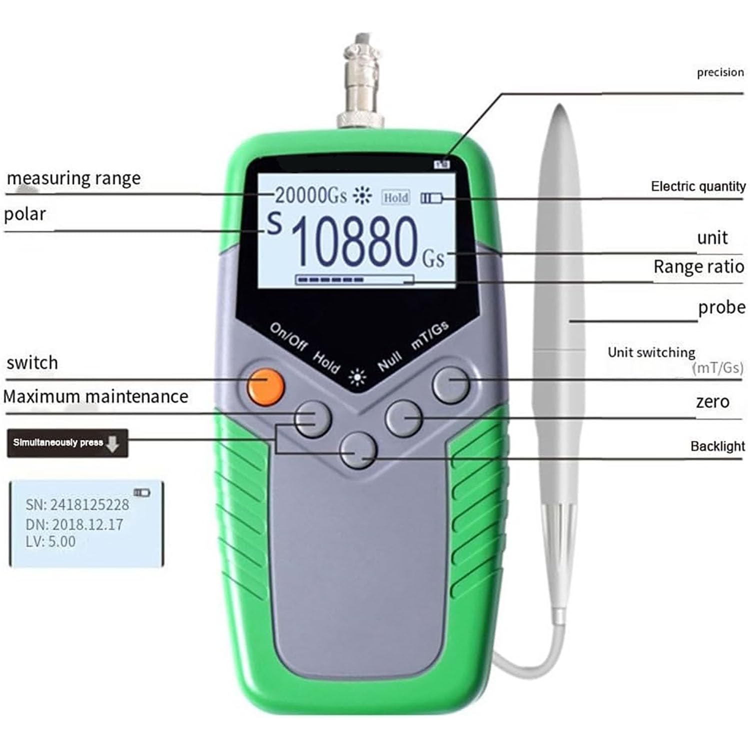 Ręczny Cyfrowy Gaussmeter, Miernik Strumienia Magnetycznego, Zakres Pomiarowy Od 0 Do 2400 MT, Funkcja Max Hold, Regulowane Podświetlenie I Automatyczne Wyłączanie, Do Użytku Na Zewnątrz