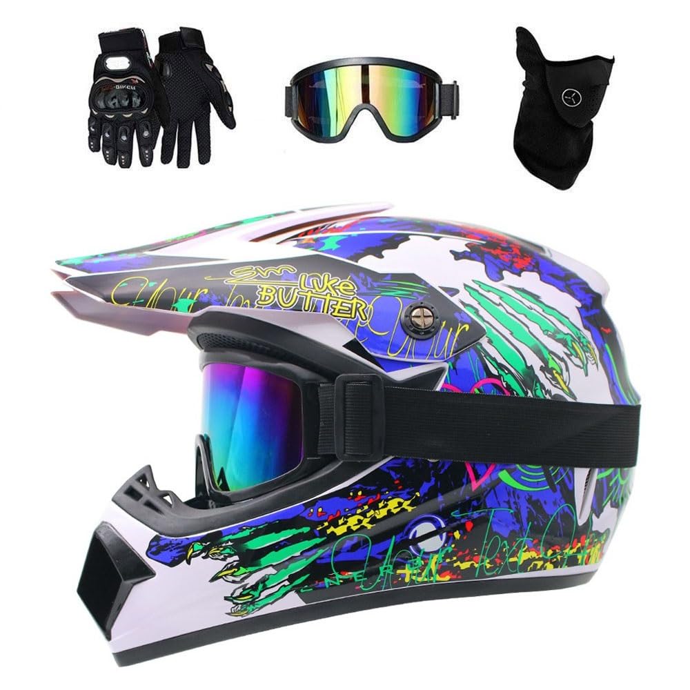 Gioventù Bambini MTB Casco Motocross Impostato, con Guanti Occhiali Mascherina, Unisex Integrali ATV Fuoristrada Strada Moto Caschi, Discesa Enduro Quad Dirt Bike Incidente Casco