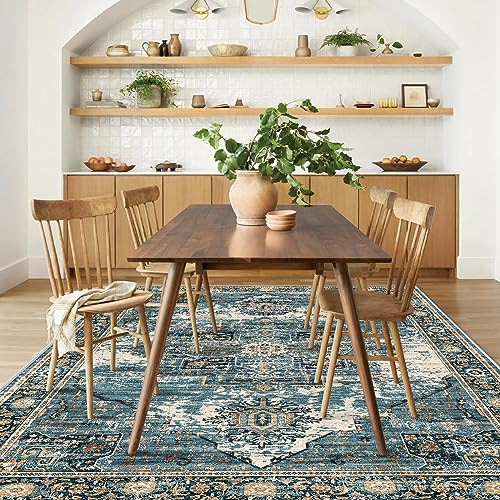 RUUGME Washable 5x7 Area Rugs - Large Rugs for Living Room Stain Resistant Carpet Vintage Rugs for Bedroom with Non Slip Backing Home Decor Floor Decoration Mat (5x7 Blue)