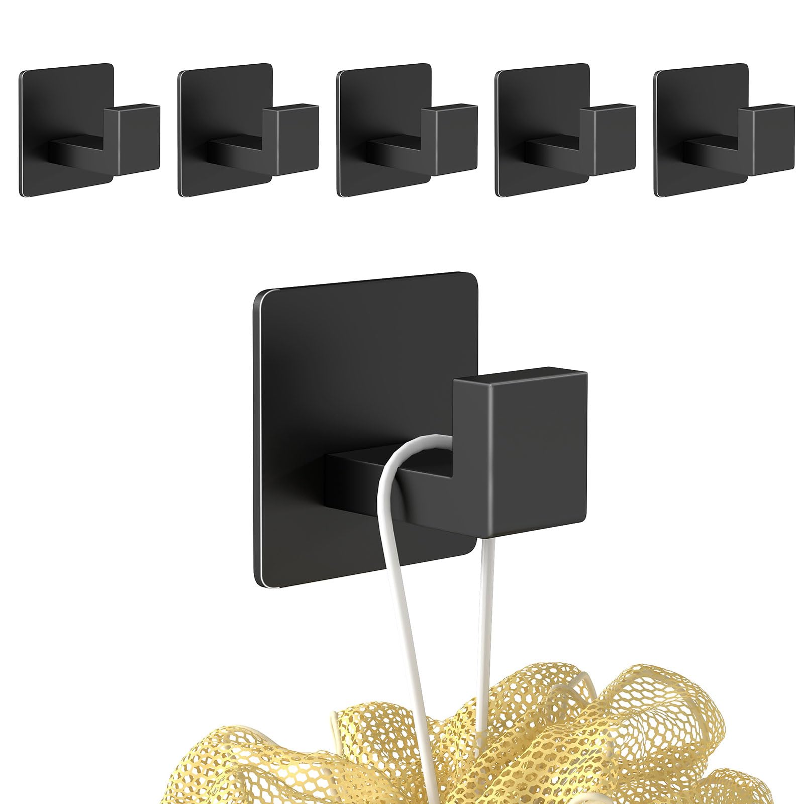 Paquete de 6 ganchos adhesivos para toallas de baño, pared interior de ducha resistente, adhesivo en el abrigo de bata, colgador de baño, pared, cocina, armario, RV (negro)