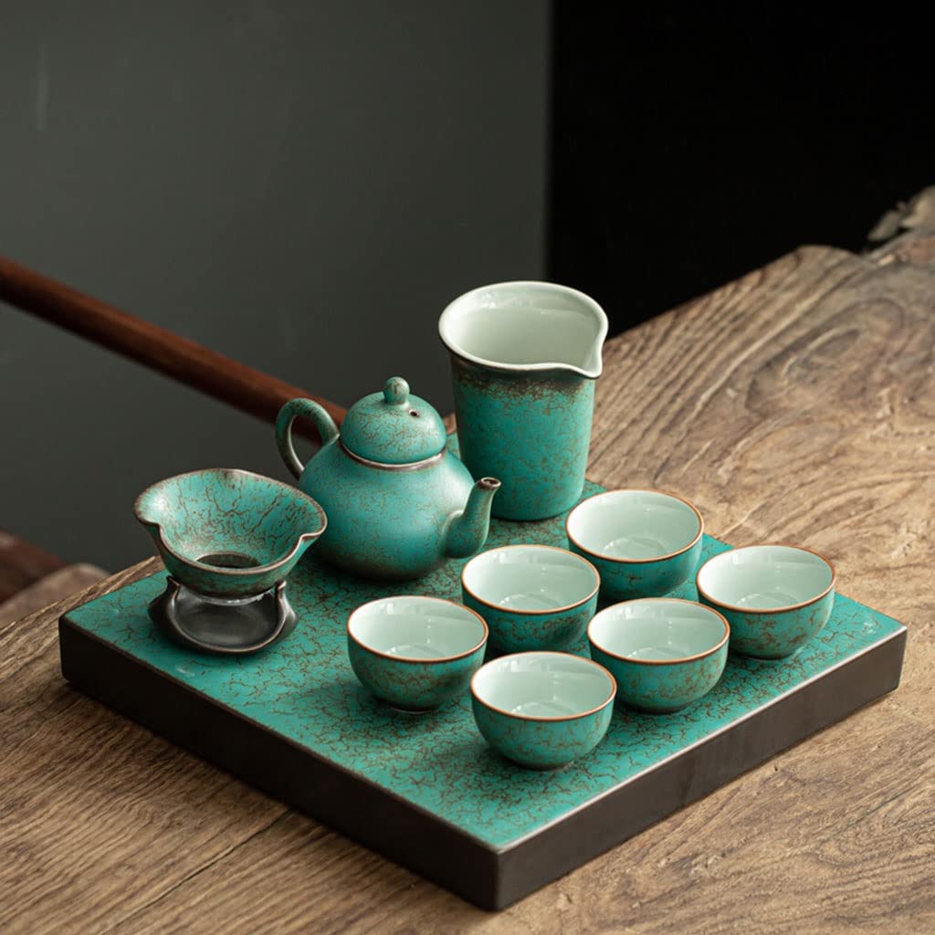 DFGHNBVC Green Kiln Change Kung Fu Tea Set, Home Office Covered Bowl Teapot Retro Simple Ceramic Tea Tray,Chinese Gongfu Tea Table Serving,B