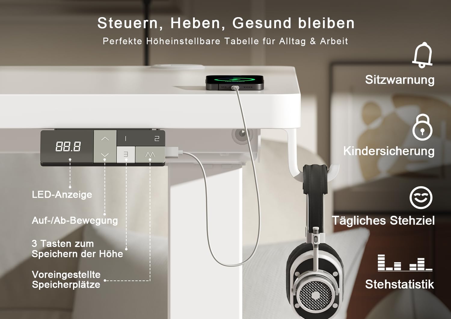 Devoko Höhenverstellbarer Schreibtisch 160x80 cm, 25 mm Starke Tischplatte, Ergonomischer Elektrischer Steh-Sitz Computertisch mit Dualmotor & Memory-Handsteuerung + USB-C für Homeoffice