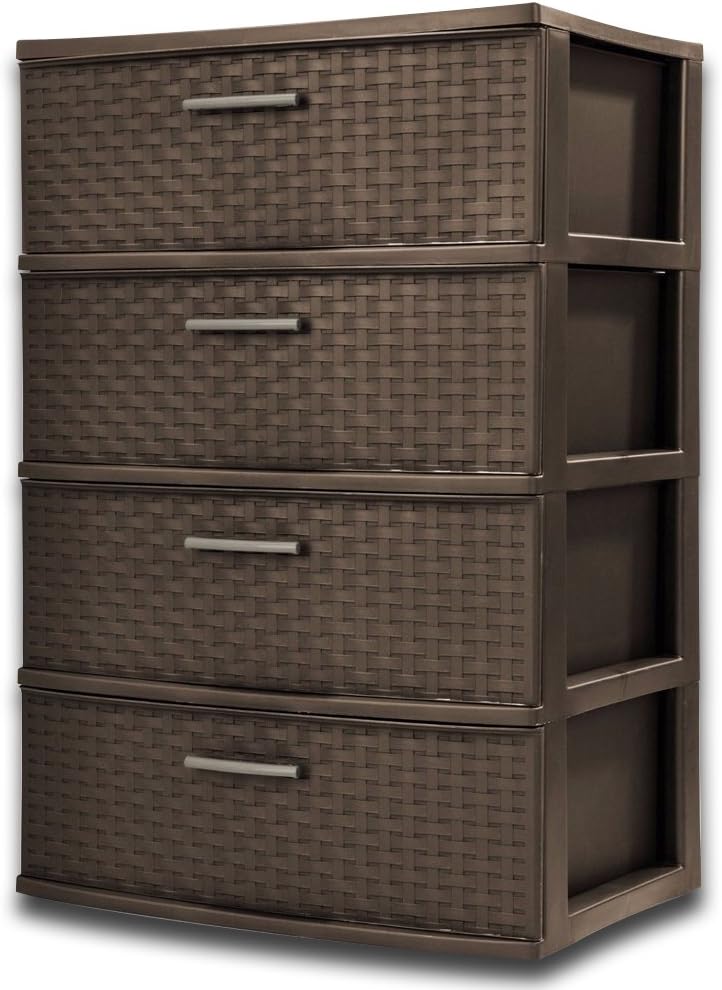 Wicker File Cabinet 4 Drawer Wide Weave Tower Stylish Weave Pattern Provides A Furniture-Like Look in Easy to Clean Easy Pull Handles Durable Plastic Elegant and Functional Piece Color Espresso