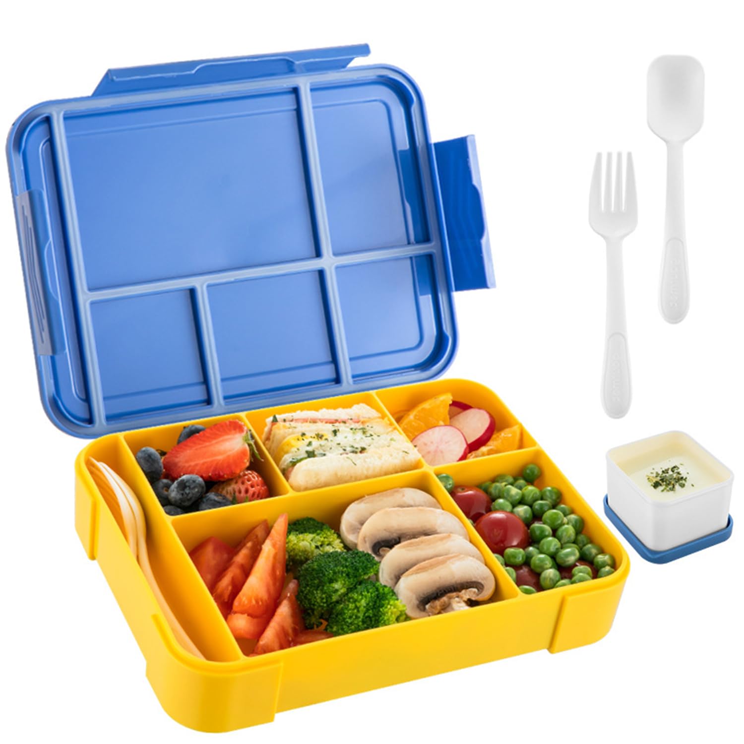 BEROZABento Box, Lunch Box for Kids and Adults, 6 Compartments with Spoon and Fork, 1330ml Leakproof Food Container, Suitable for Eating Out, Microwave Safe (Blue)
