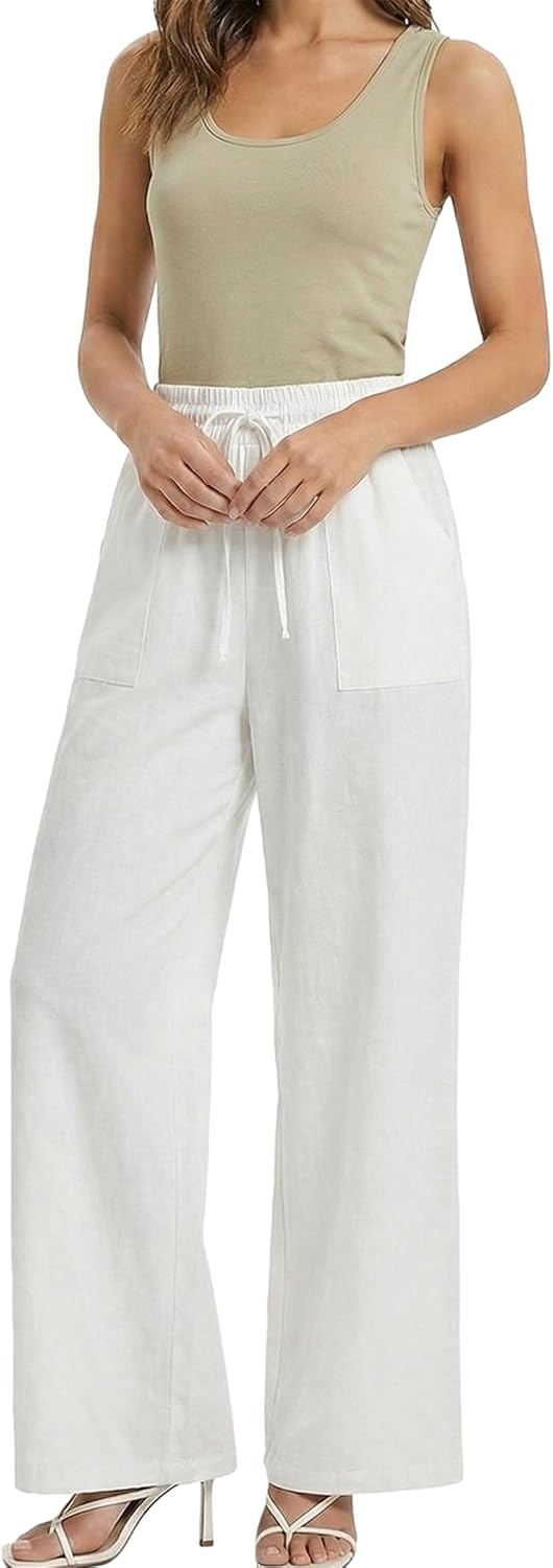 Cotton Linen Palazzo Pants for Women Summer Boho Casual Wide Leg Trousers Drawstring Work Lounge Pant Beach Vacation - Image 6