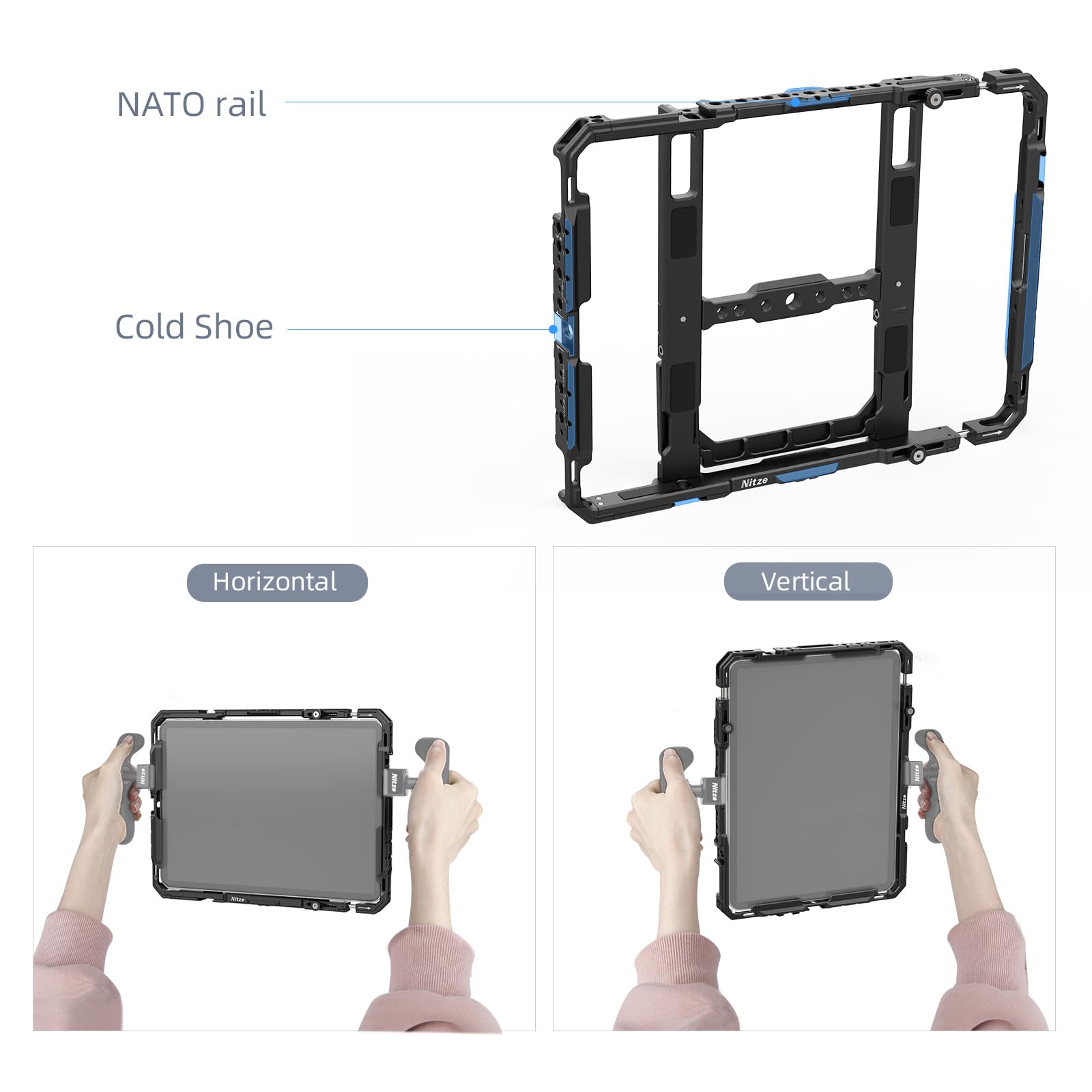 Nitze Uchwyt na klatkę na tablet z szynami NATO, regulowany 25-27.3 cm, wbudowana zimna stopka, kompatybilny z ekranem 9-11 cali