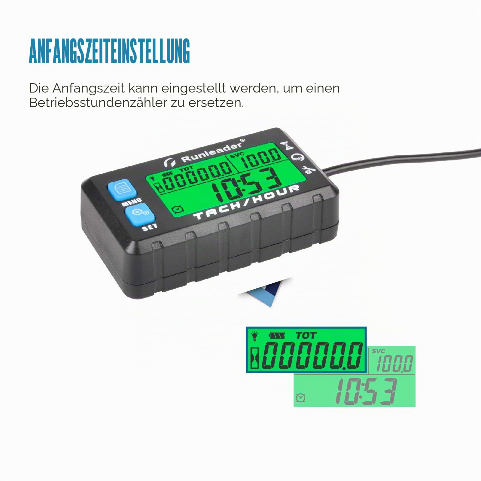 Runleader Betriebsstundenzähler Drehzahlmesser,Wartungsstundenzähler,Alarm-RPM-Erinnerung, mehrfarbiges Display mit Hintergrundbeleuchtung,Anfangsstunden einstellbar,Wasserdicht Blau