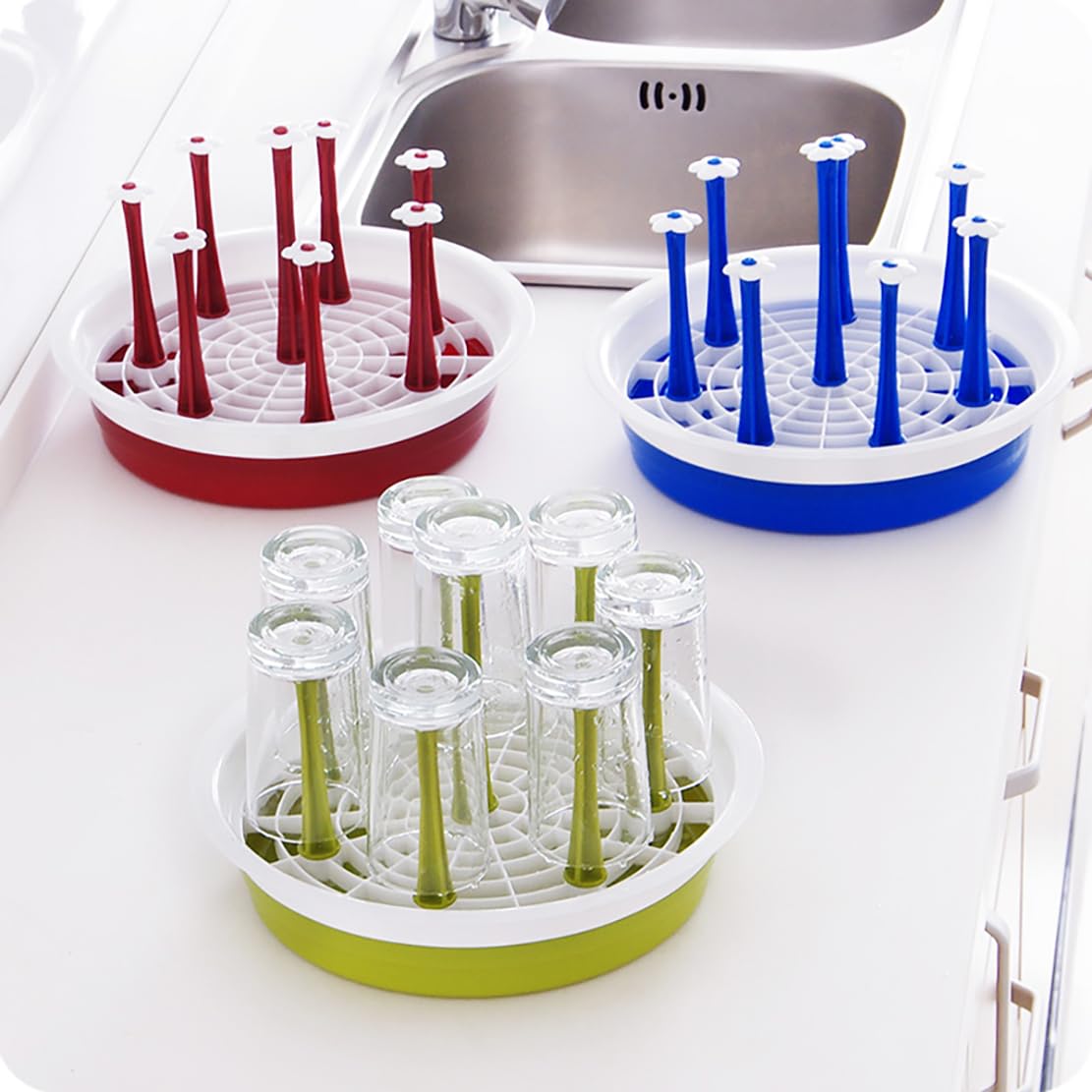 HK Online ROUND BLUE GLASSES DRAINER & KITCHEN TIMER -Counter Top Dish Rack, Mug & Cutlery Holder, Drip Tray (BLUE Round Drainer & Timer)