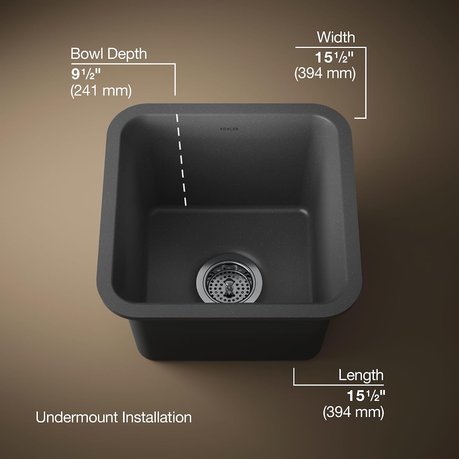 KOHLER K-8223-CM3 Cairn 15.5" Neoroc Composite Undermount Single-Bowl Bar Sink, Composite Bar Sink with Sink Rack, Matte Taupe