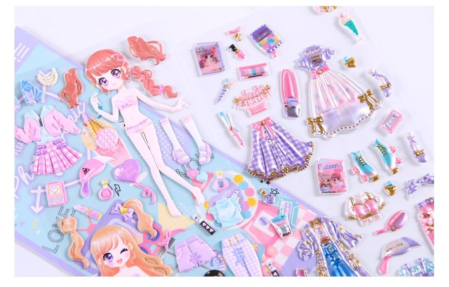 Image of Crackles Kawaii Stickers Set - Set of 8 Princess Dress-Up Change Stickers, DIY 3D Puffy Stickers for Girls, Aesthetic Sticker, Cute Stickers, Self Adhesive Stickers Set (Pack of 8)