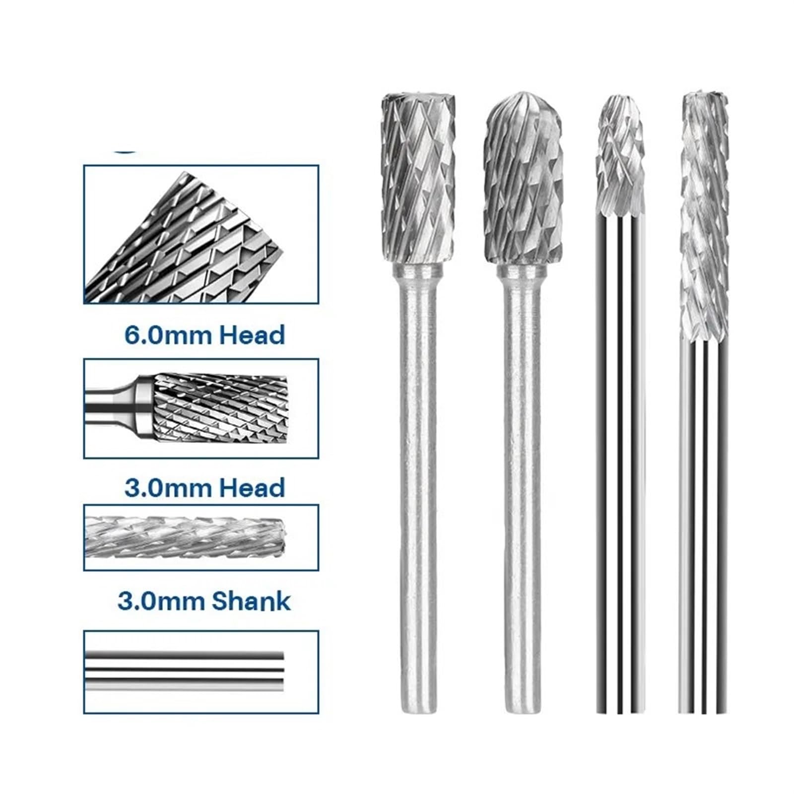 Pilniki obrotowe z twardego metalu, 20 sztuk, trzpień 3 mm, podwójne cięcie, zestaw bitów obrotowych, elektryczna obróbka drewna, 3 x 6 mm, 3 x 3 mm