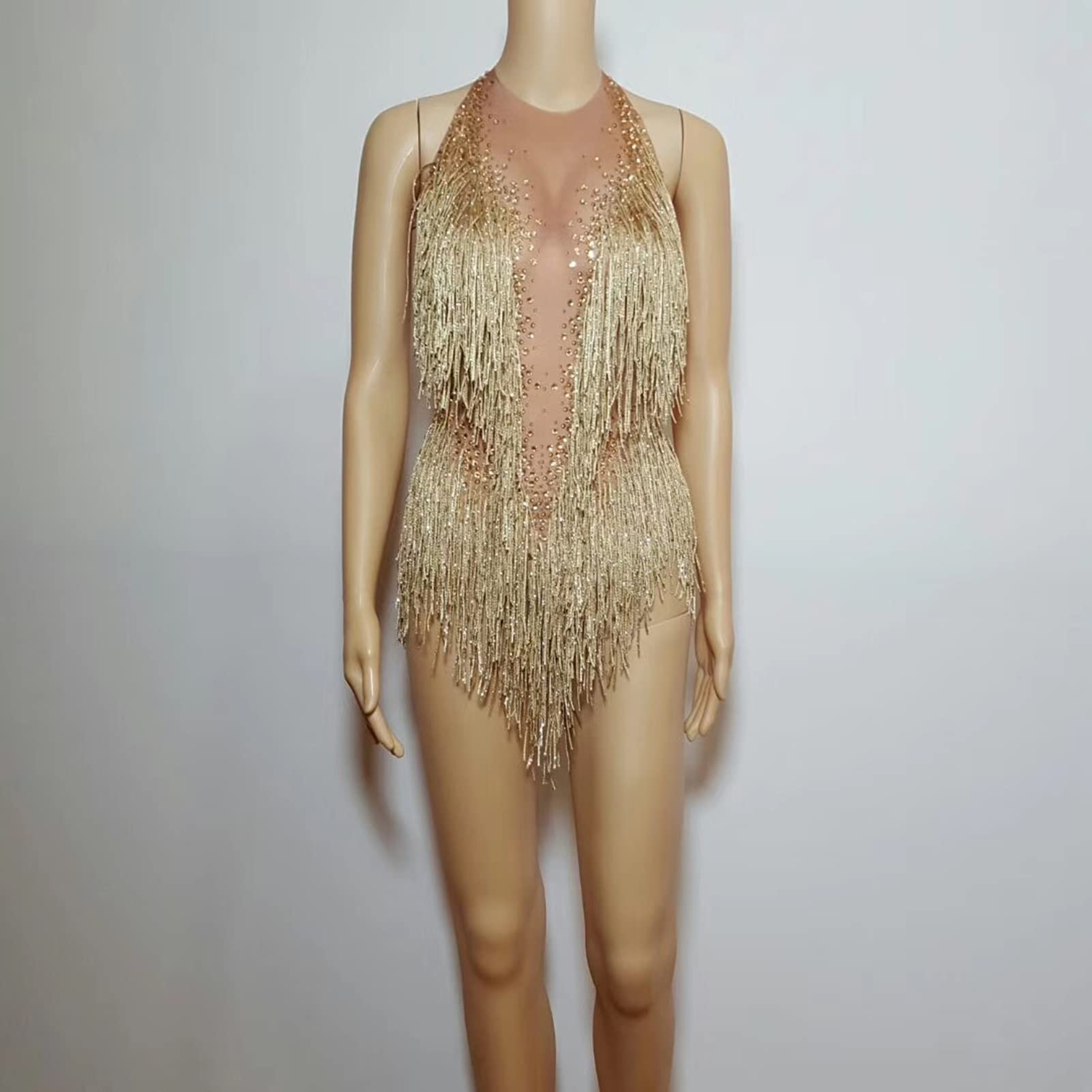 Body de diamantes de imitación dorado para mujer, con flecos, top de baile, leotardo, drag Queen, trajes