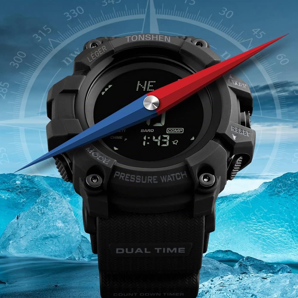 TONSHEN Multifonctionnelnel Outdoor Sport Montre de Homme Plastique Caisse et Caoutchouc Ruban LED Électronique Digitale Boussole Altimètre Thermomètre Pédomètre Montres Bracelet