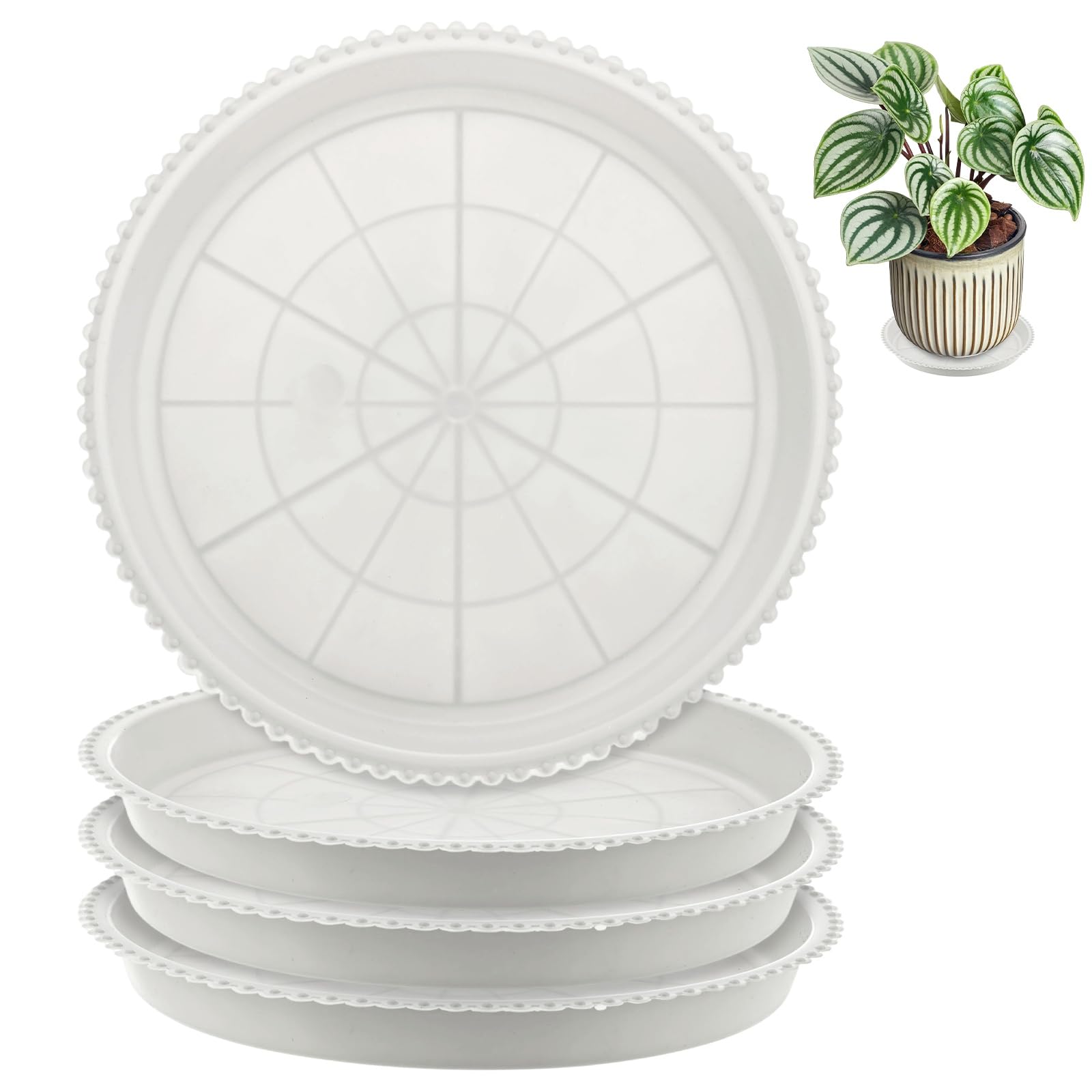 M METERXITY 4-Pack Plastic Plant Saucers, 7.7 Inch ID Round Plant Pot Water Trays for Indoor/Outdoor, Flowerpot Drip Tray [9 Inch OD, White] — image 1
