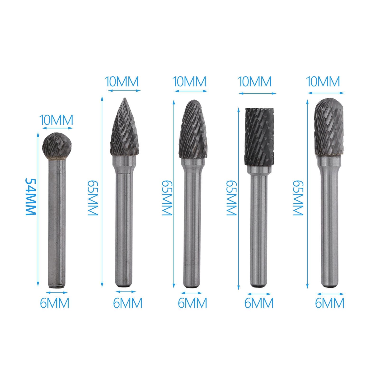 Cosiki Kit de Fresas de Pulido de Acero de Tungsteno Limas Rotativas Versátiles Aleta de Fundición Limpia 5 Piezas para Fabricación de Moldes y Piezas Mecánicas - Vástago de 6 Mm Cabeza de 10 Mm para