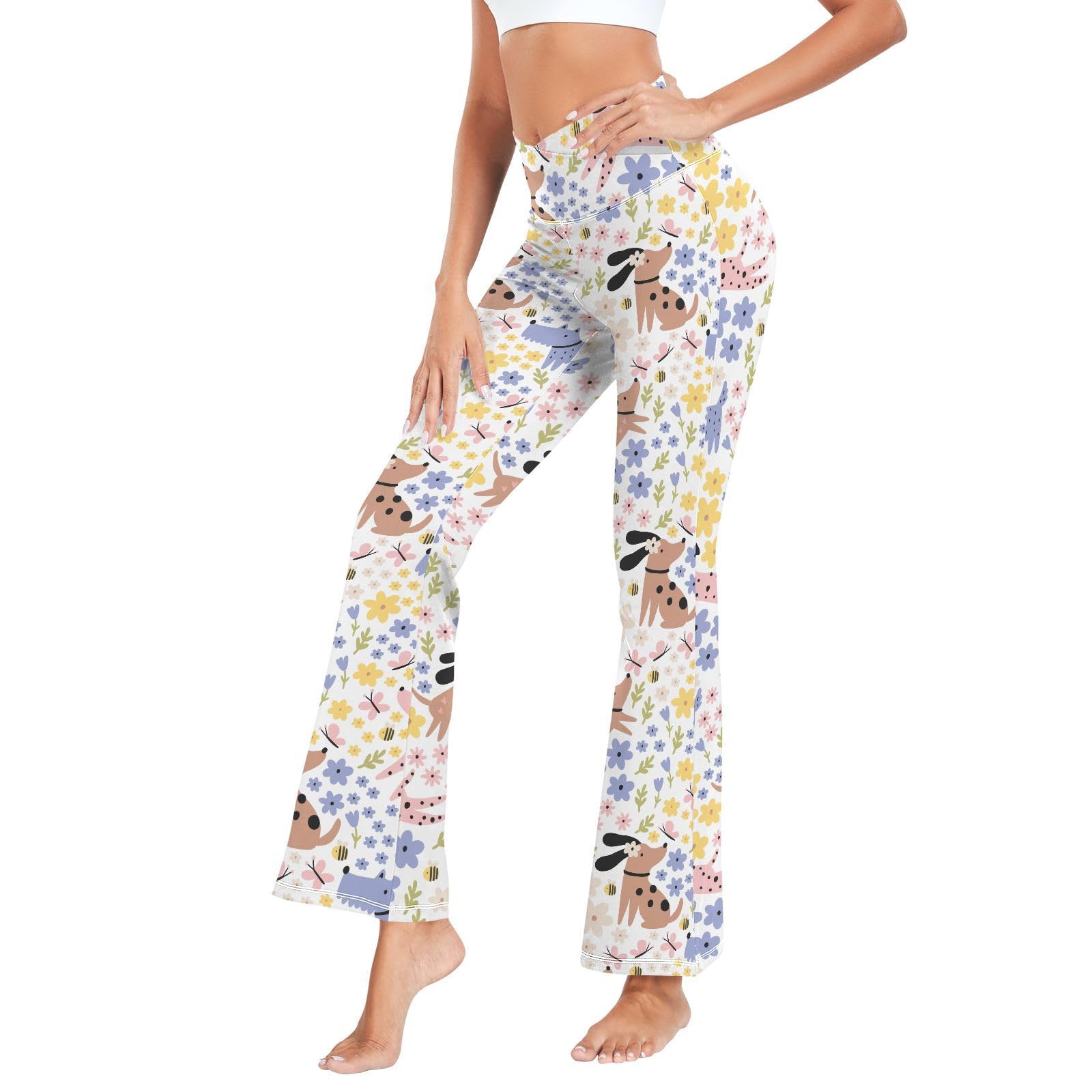 Dallonan Flare Yoga Pants Women Leggings Soft High Waisted Pants Cartoon Summer Dogs and Flowers Large