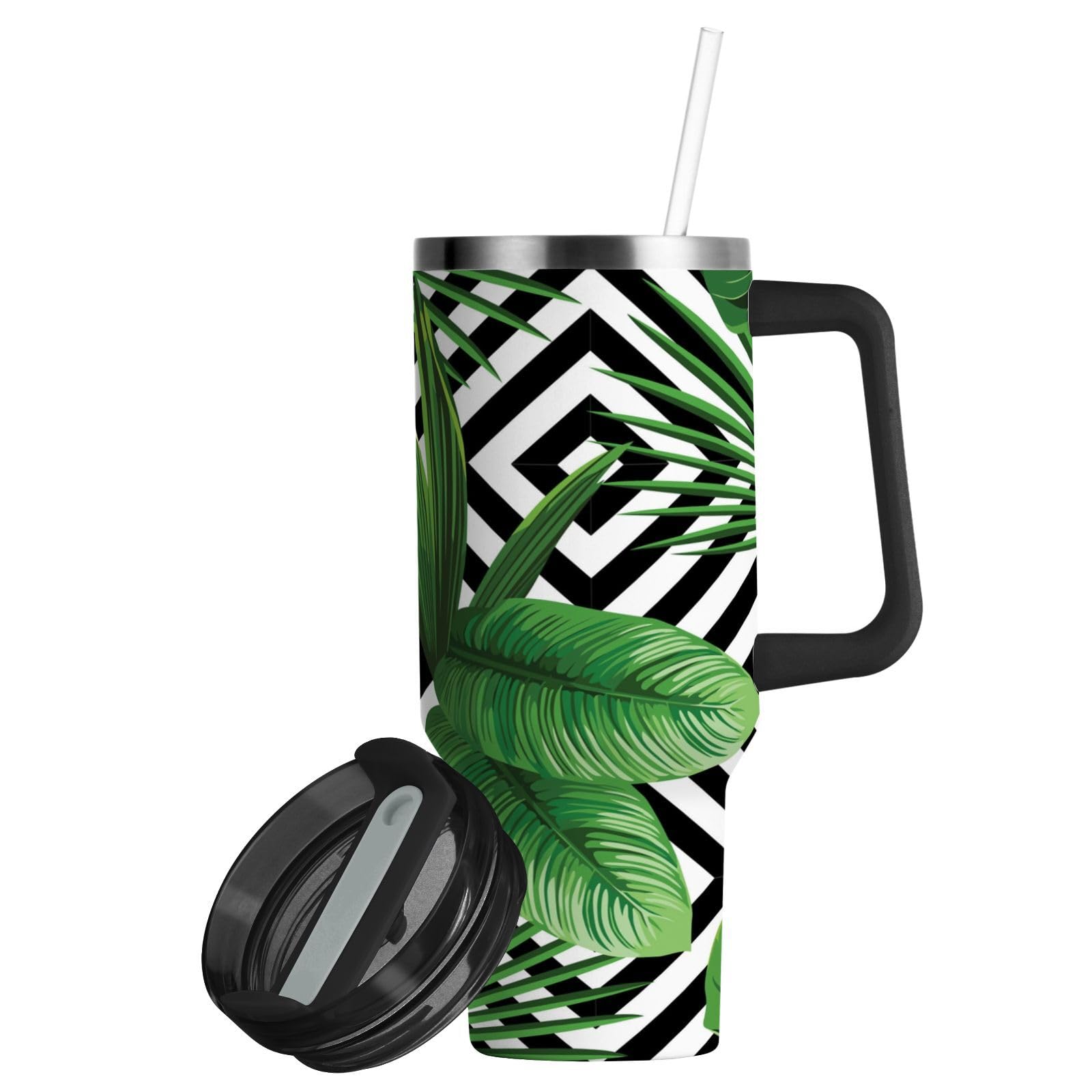 Isolierter Becher Palmenblätter, doppelwandige Edelstahl-Wasserflasche, Kaffeetasse, Reisebecher mit Griff, Strohhalm-Deckel