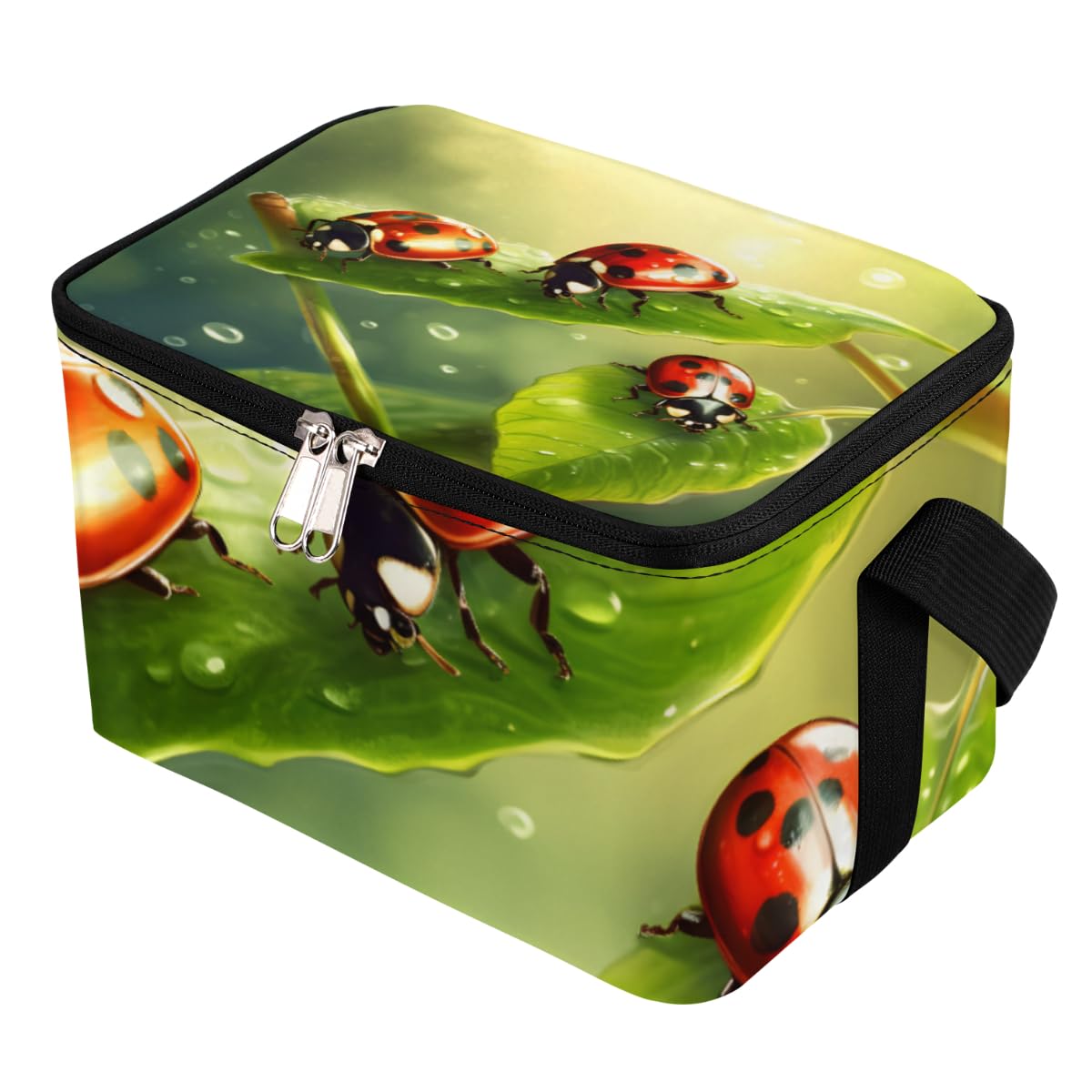 GzLeyigou Lunch Bags for Women Men 9 Cans,Insect Ladybugs Hot & Cold Food Delivery Bag Insulated Grocery Bag Insulated Lunch Box Green Leaves Cooler Bag for Office Work Picnic Beach