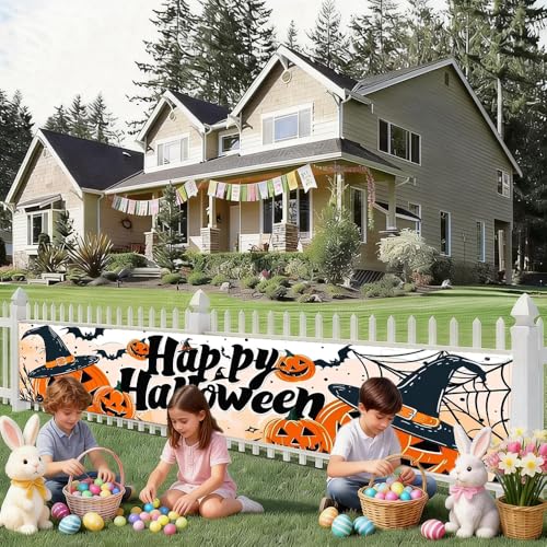 Image of Halloween Pumpkin Outdoor Banner 78.7 x 17.7 Inch Happy Halloween Scene with Jack O Lanterns Witch Hats Bats and Spider Webs for Yard Garden Fence Porch Patio or Outdoor Decoration