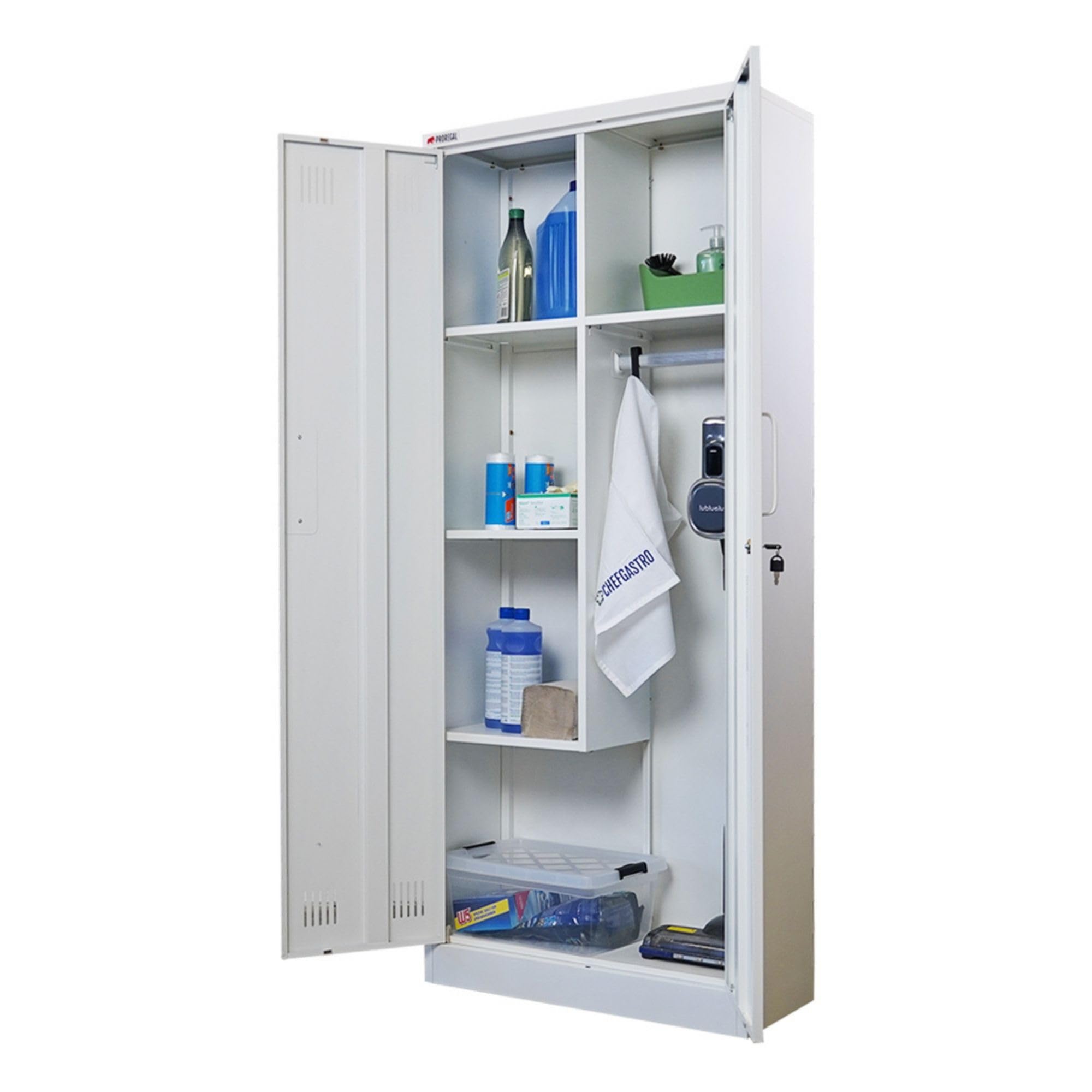 PROREGAL Putzmittelschrank Rhino Metall 2 Türen abschließbar Besenschrank schmal 170x70x30cm 5 Fächern & Kleiderstange Stahl Weiß Putzschrank Mehrzweckschrank Haushaltsschrank Flügeltürenschrank