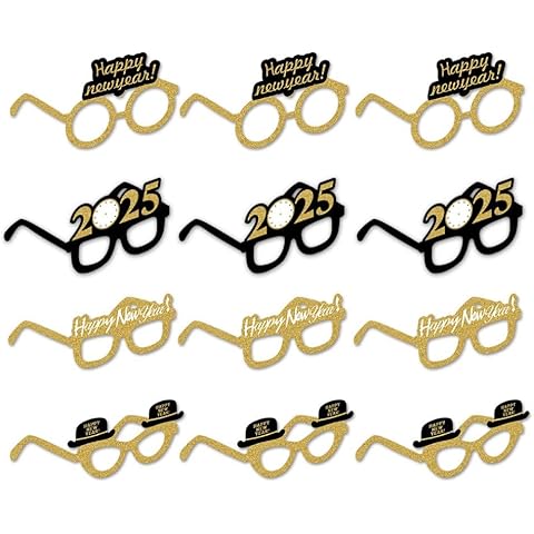 SWYOUN 2025 Glitter Card Glasses Happy New Year's Eve Glasses Party Photo Prop(Pack of 12) Cover