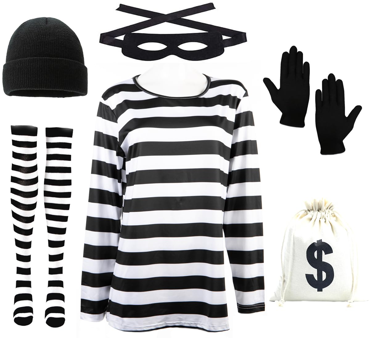 Women's Robber Costume Set Halloween Cosplay Costumes Thief Accessories Black and White Striped T-shirt