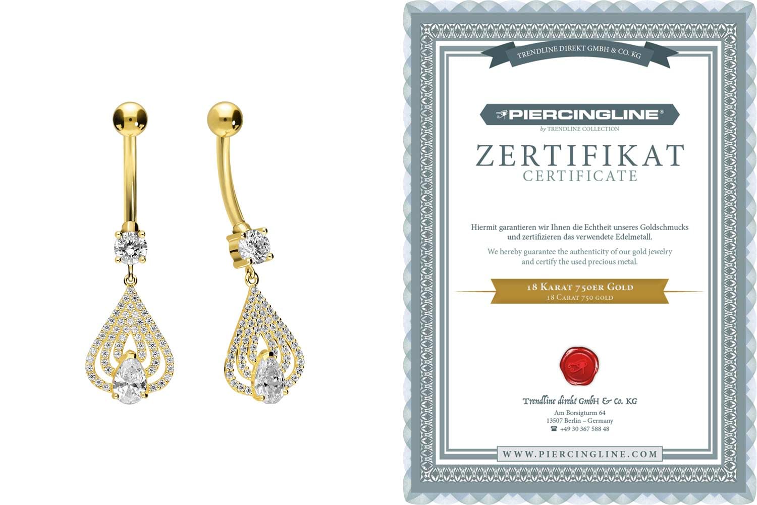 PIERCINGLINE 18 Karat Gold Bauchnabelpiercing mit KRISTALLANHÄNGER Bananabell Piercing Gelbgold