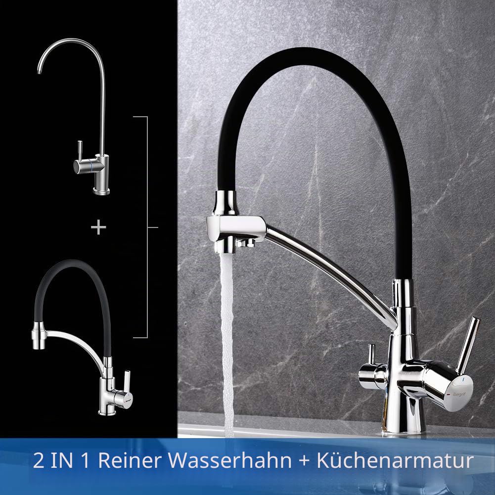 Ibergrif M22128-2 - 3 Wege Küchenarmatur, Spültischbatterie mit Schwarz Flexibler Auslauf und Brause, Wasserhahn Küche, Chrom, Silver