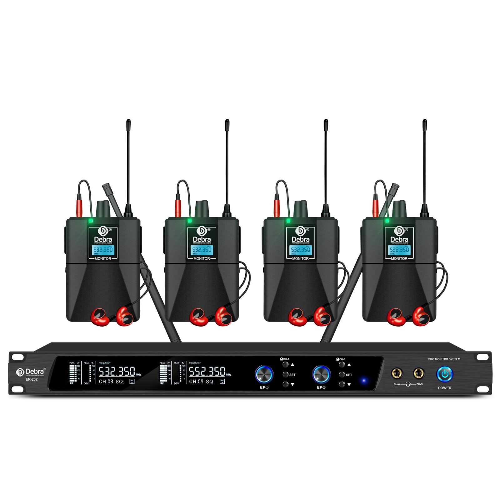 D Debra Audio PRO Mono ER-202 UHF Dual Channel Wireless in Ear Monitor System with Monitoring Type for Stage, Receiver, Studio, Guitar, Band Performance (Dual Channel, 4 Bodypack)