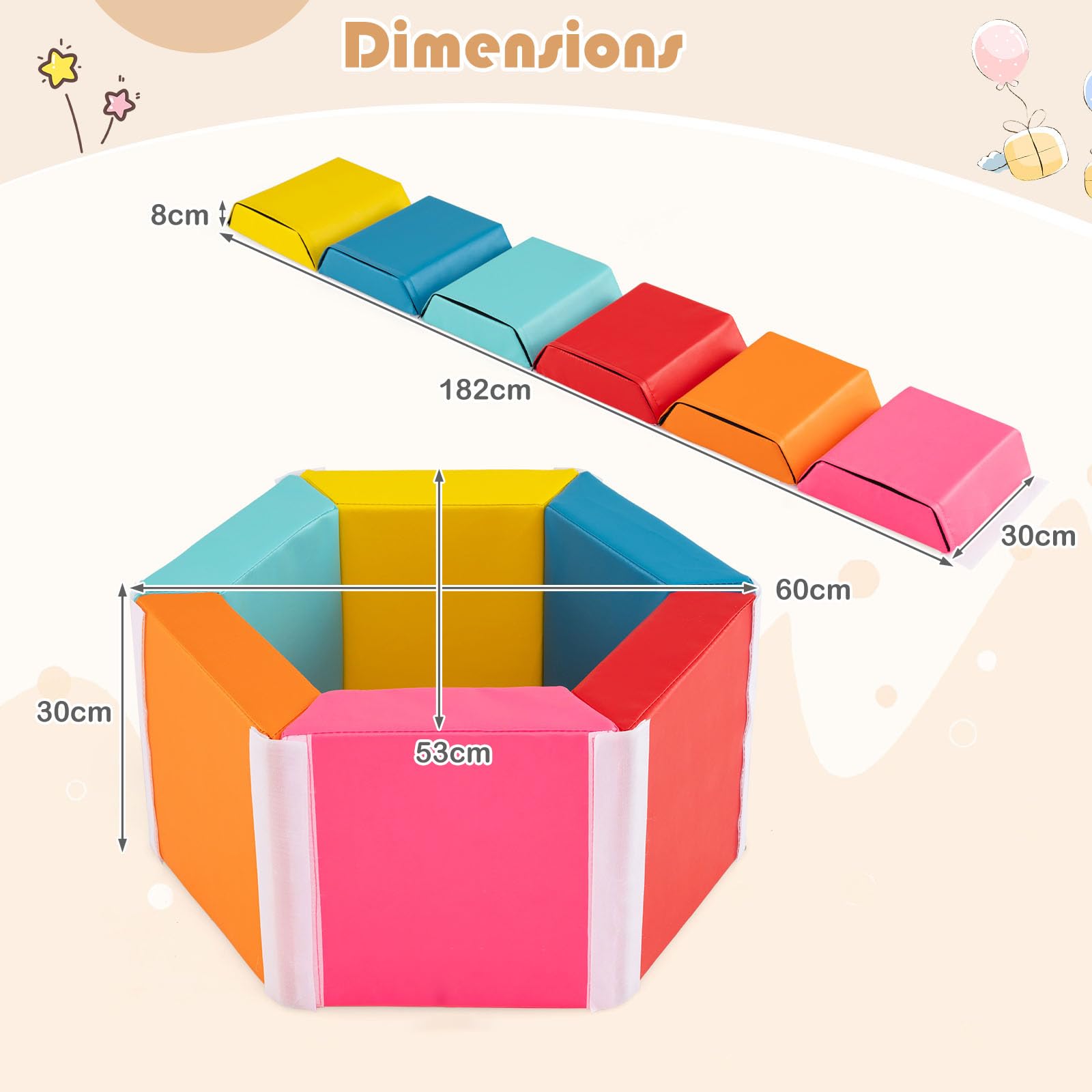 COSTWAY 3 en 1 Module Motricité Bébé en Mousse avec Housse en PU, Parcours Motricité Bébé 6 Pièces avec Attaches Auto-Agrippantes, Fosse à Balles Hexagonale pour Ramper Grimper, 12 Mois+