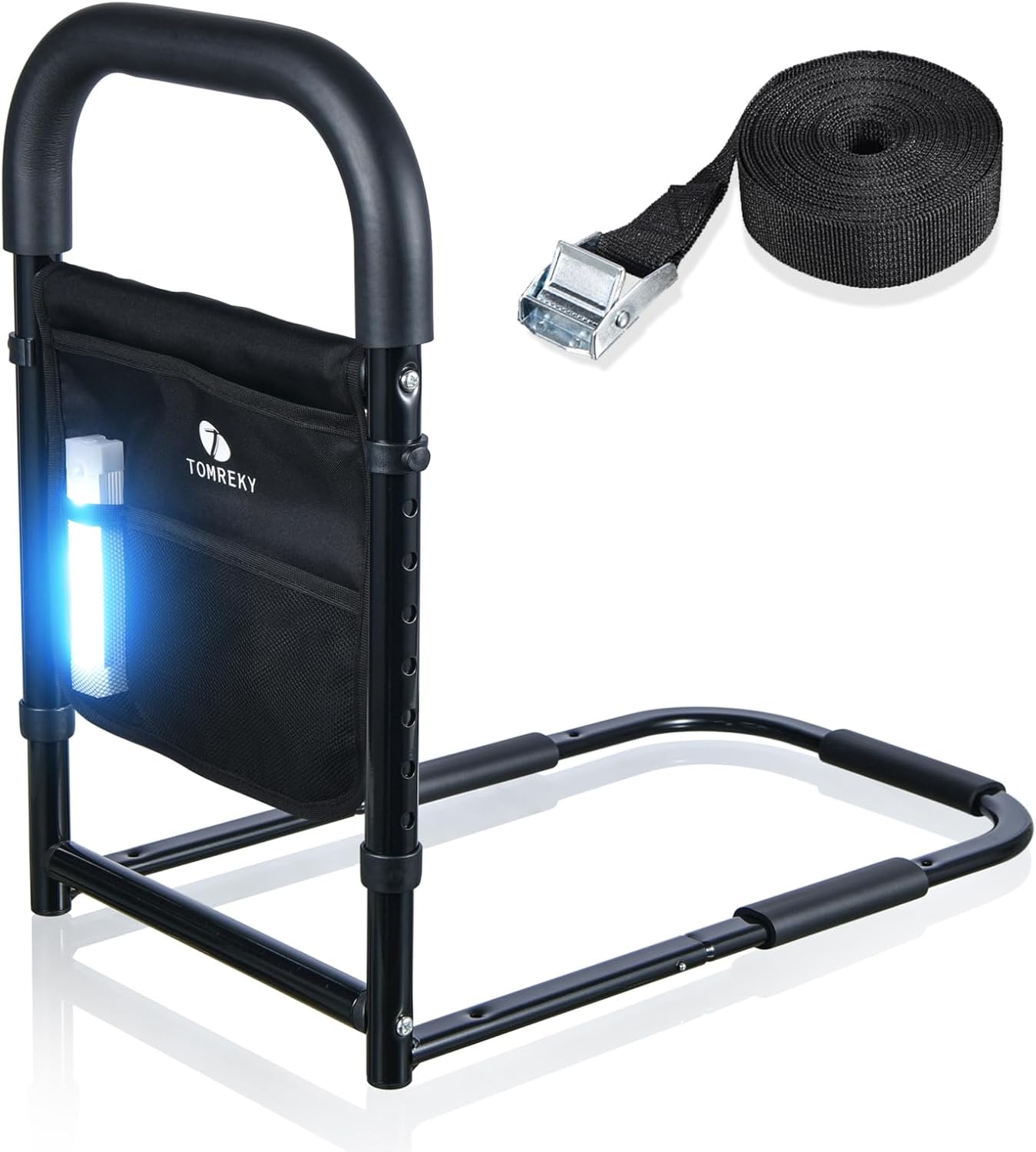 Bed Rails for Elderly Adults Assist Safety with Motion Light for Seniors Hand Bar Grab with Storage Pocket Patent Stabilizer with Fixing Strap, Support Up to 300lbs