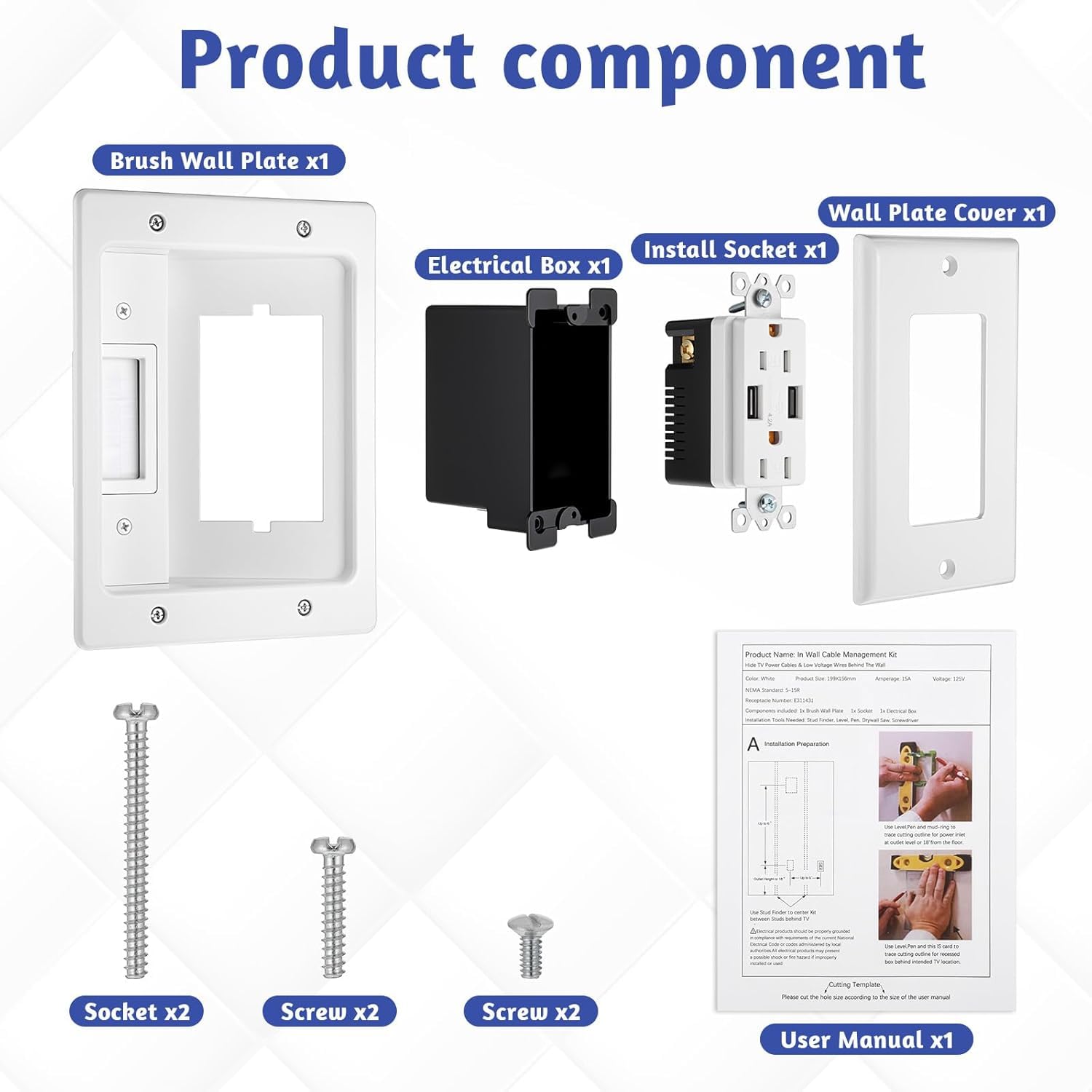 in Wall Cable Management Kit with Dual AC Outlets & Dual USB-A Ports - Recessed TV Power Kit for Wall Mounted TV, Hide Cords with Brush Plate Pass Through for Power Cables & Low Voltage Wires (White) - 4