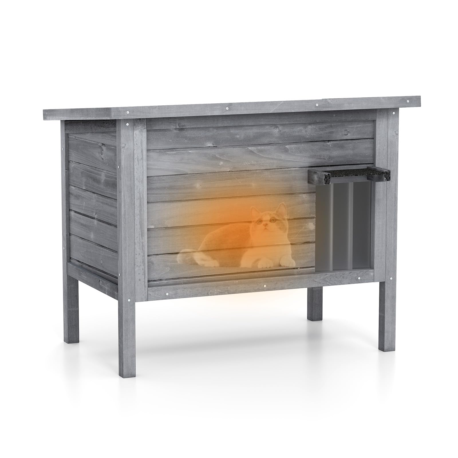 COSTWAY Cat House for Outdoor, Wooden Insulated Cats Shelter with Openable Asphalt Roof, Escape Door, Elevated Weatherproof Kitten Enclosure (Grey+Black, 88 x 55 x 71cm)