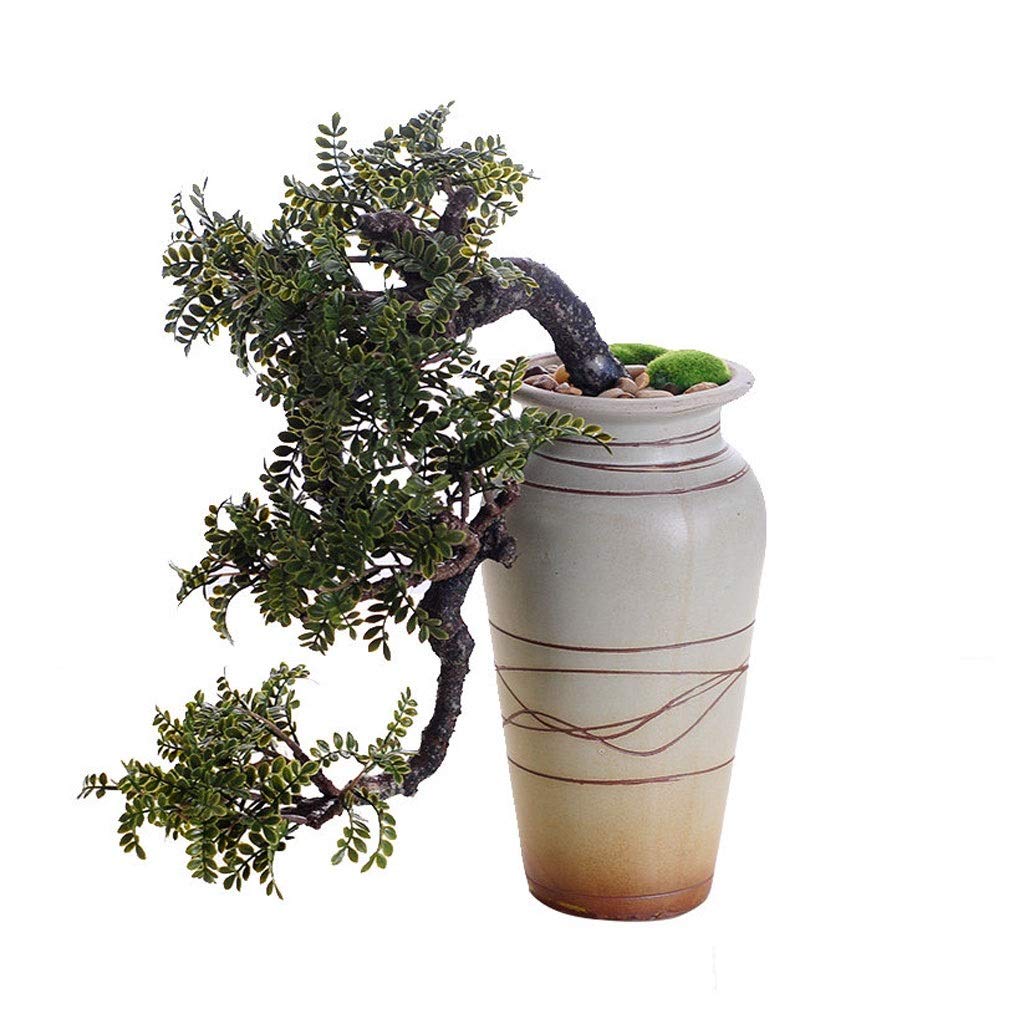 NGDFGR Handmade Realistic Faux Cedar Bonsai Tree, Houseplant, White Ceramic Flower Pot, Pebbles, Padded Bottom, Over 1 Ft Tall, Fake Plant