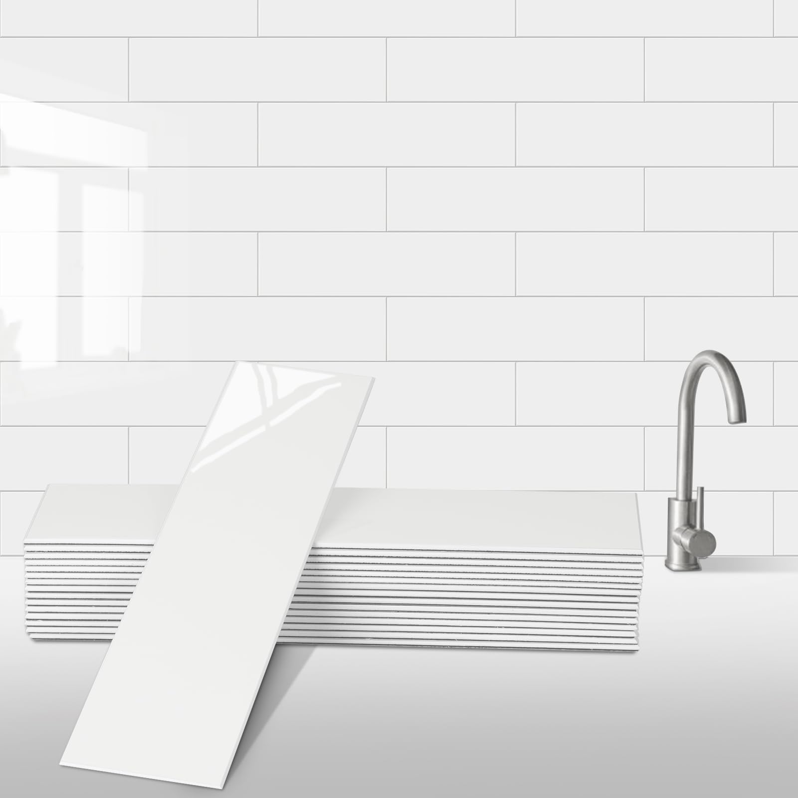 Peel and Stick Backsplash Wall Tile for Kitchen, 24-Sheet Subway Adhesive PVC Mosaic Tiles Decorative Backsplash Tiles Stick on Bathroom(Ivory White)