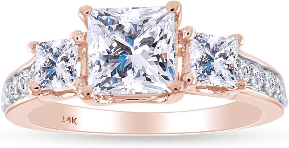 AFFY 3 Stone Engagement Rings for Women, Princess And Round Cut Sparkling White Cubic Zirconia Ladies Anniversary Wedding Ring for Her In 14k Solid Gold