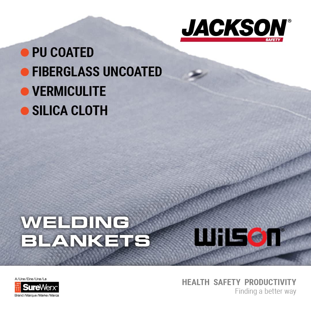JACKSON SAFETY J2718 Couverture de protection pour soudage et meulage en fibre de verre avec revêtement PU 2 m x 2 m Température de fonctionnement 550 °C Avec œillets pour suspension