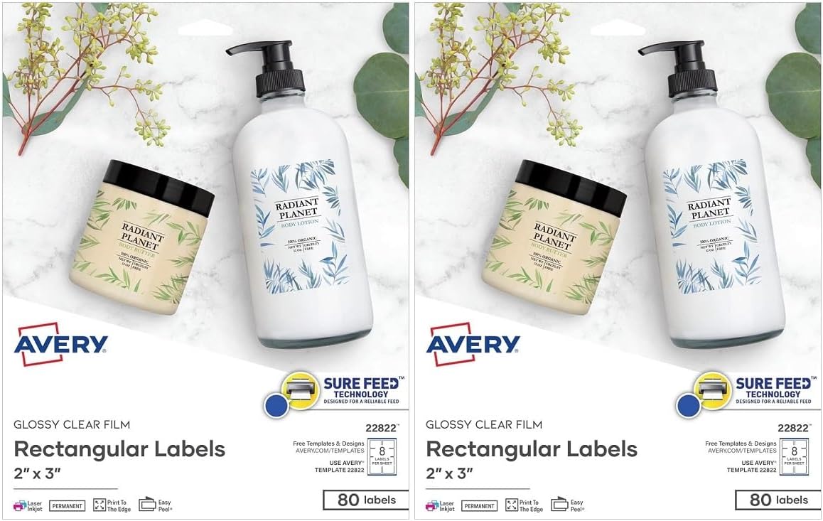 Avery Printable Blank Rectangle Labels, 2" x 3", Glossy Crystal Clear, 80 Customizable Labels (22822) - Pack of 2