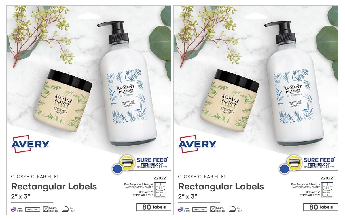 Avery Etiquetas rectangulares en blanco imprimibles, 2 x 3 pulgadas, transparente brillante, 80 etiquetas personalizables (22822), paquete de 2
