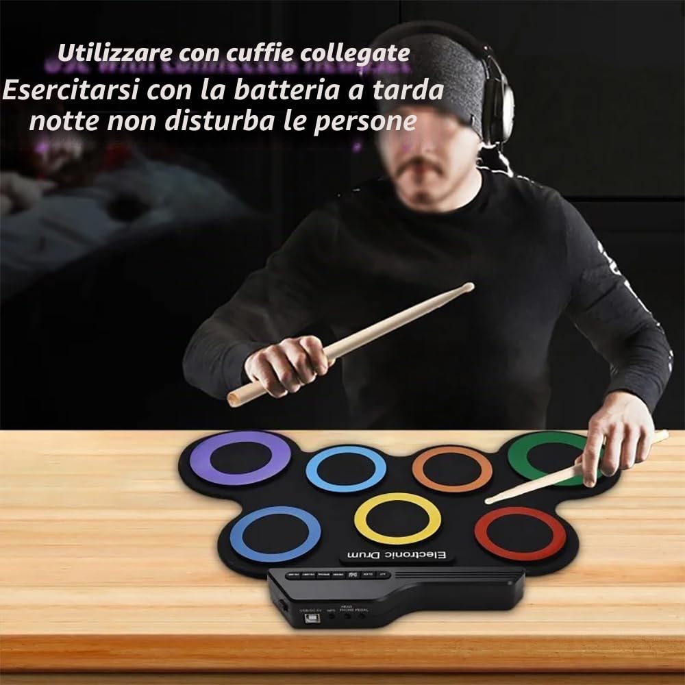 NEWFUN Batteria Elettronica Adulti, Tappetino Arrotolabile per Esercitarsi con 7 Drum Pad in Silicone con Mazzette e Pedale per Principianti