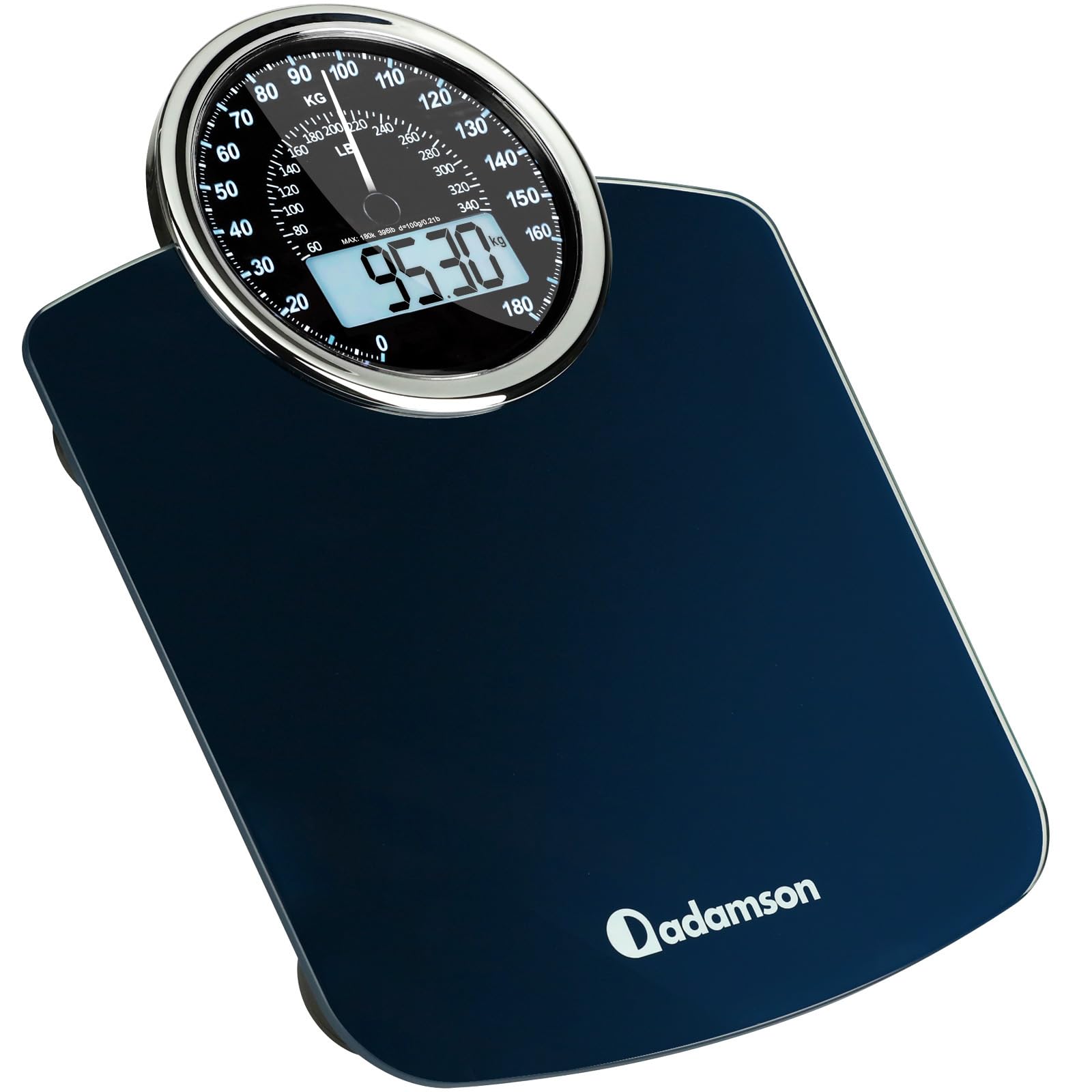 Bilancia Pesapersone Analogica e Digitale Ibrida Adamson 2 in 1 per Peso Corporeo fino a 180 kg - Vetro Spesso - Large Display - Bilancia Digitale di Facile - Blu con Retroilluminazione Nera