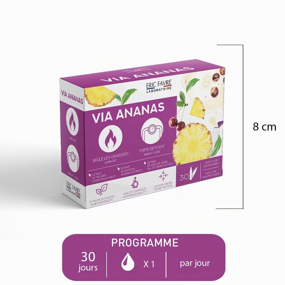 VIA ANANAS - Brûle Graisse à l'Ananas, Thé Vert, Guarana et Queue de Cerise, Aide à la Perte de Poids, Brûleur de Graisse - Eric Favre