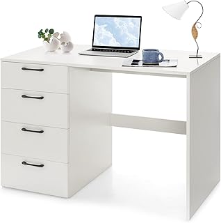 COSTWAY Computer Desk, Wooden Study Table Writing Workstation with 4 Drawers, Modern PC Laptop Table Gaming Working Desk for Home Office Bedroom, 110 x 60 x 76cm, White