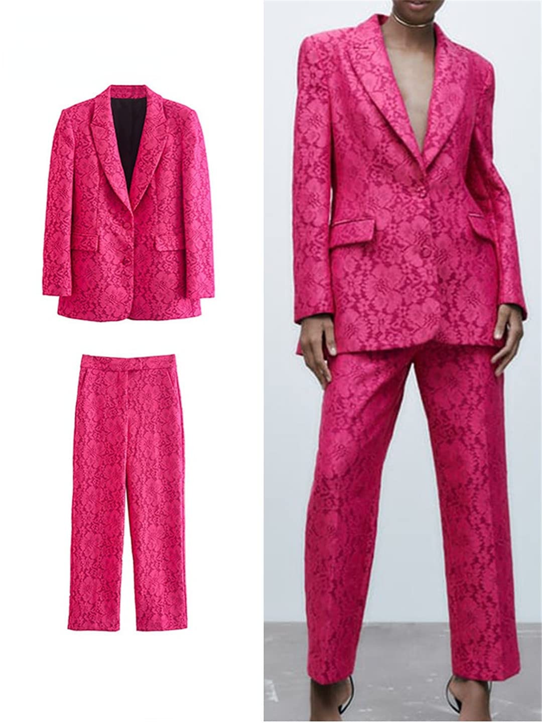 Dninmim Traje de tela de encaje para mujer, trajes de primavera y otoño, pantalones largos básicos