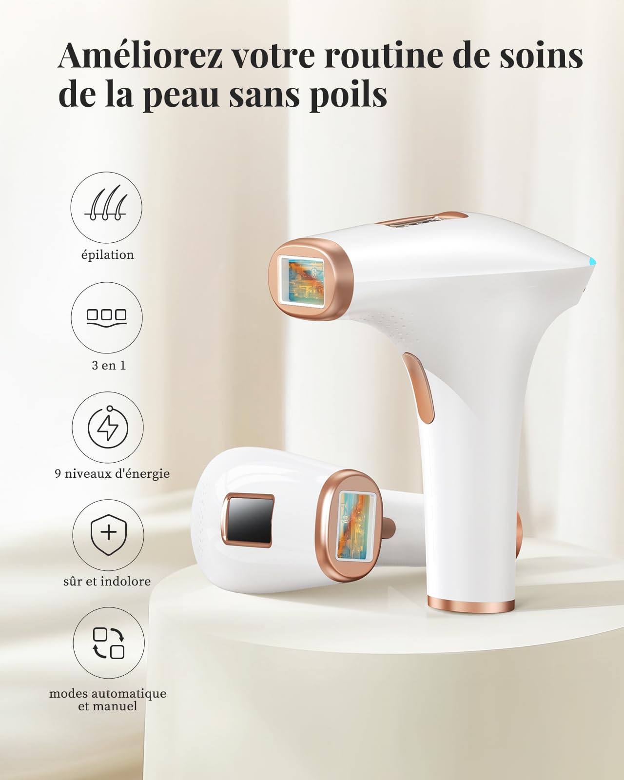 Haarlosy Épilateur Lumière Pulsée, Grande Fenêtre 5 cm², 999,900 Flashs IPL, 9 Niveaux & 2 Modes, Auto/Manuel – Épilation Laser Définitive Maison Femme & Homme, Visage, Corps, Aisselles, Bikini